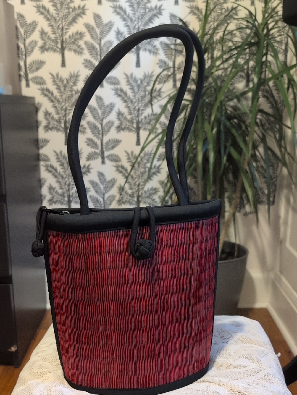 Handwoven Red Shoulder Bag with Black Trim